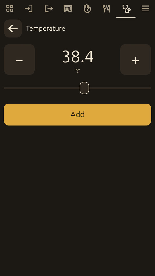 Palm Reader: temperature set to 38.4 °C with minus and plus buttons and a slider